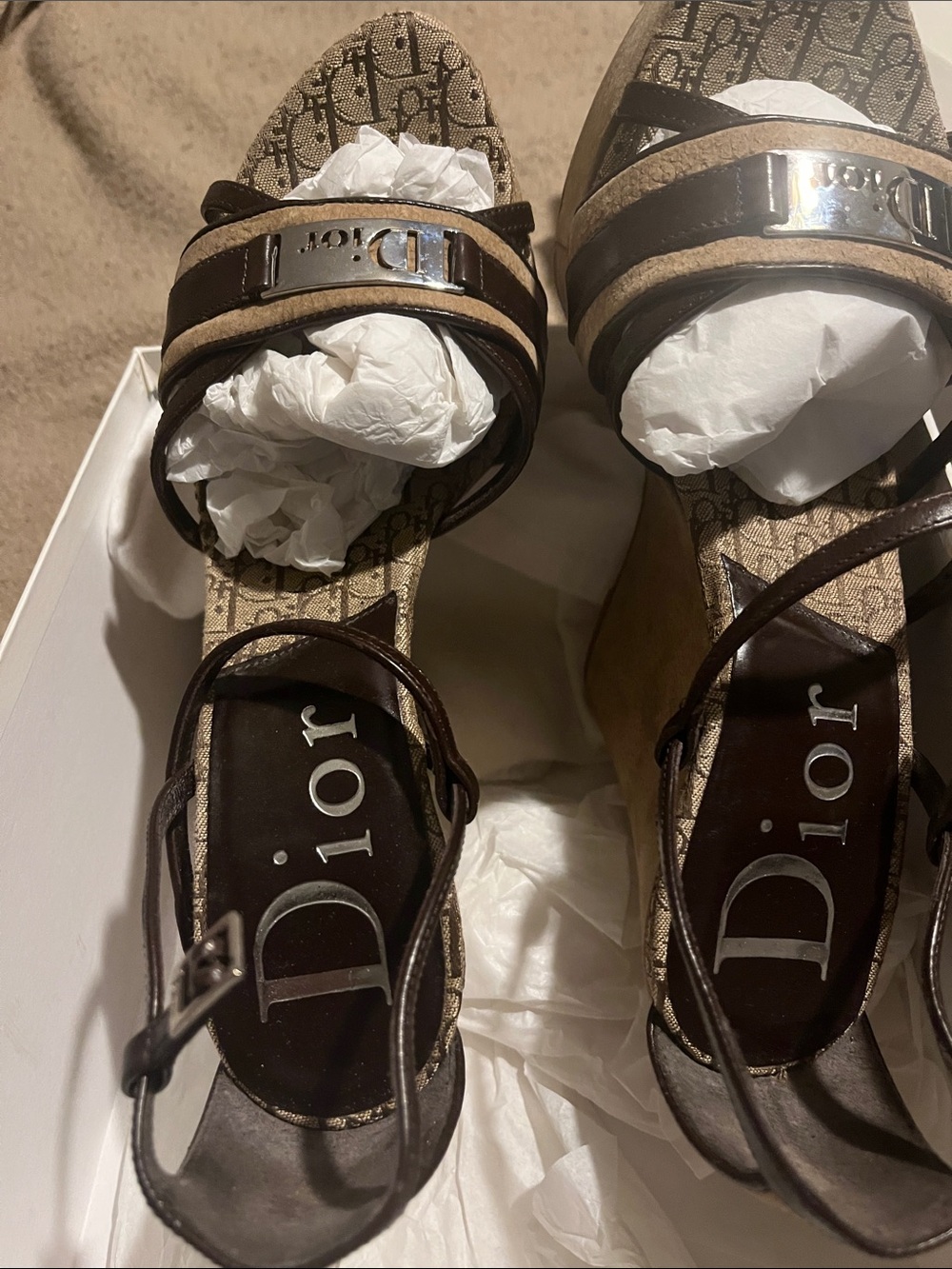 Dior Tan and Dark Brown Suede Logo Wedge Sandals